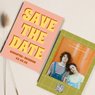 Retro Groovy Bold & Bright Boho Wedding QR-code Save The Date