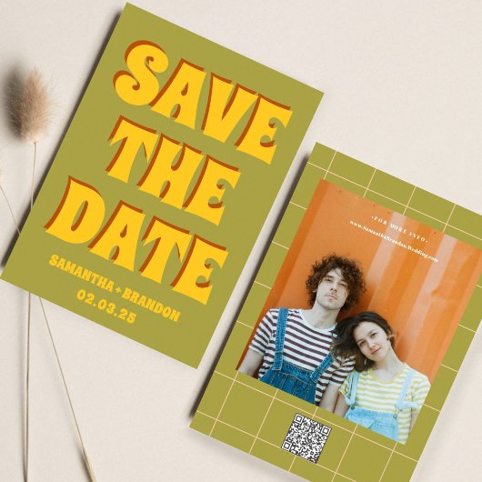 Retro Groovy Bold & Bright Boho Wedding QR-code Save The Date