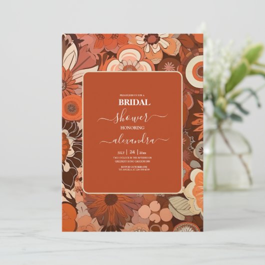 Retro Groovy brandwond sinaasappel bloemenbruids Kaart (Staand voorkant)