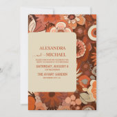 Retro Groovy brandwond sinaasappel bloemenbruiloft Kaart (Voorkant)