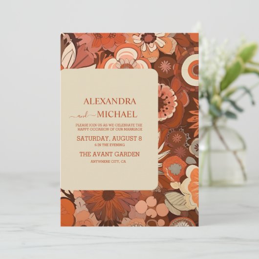 Retro Groovy brandwond sinaasappel bloemenbruiloft Kaart (Staand voorkant)