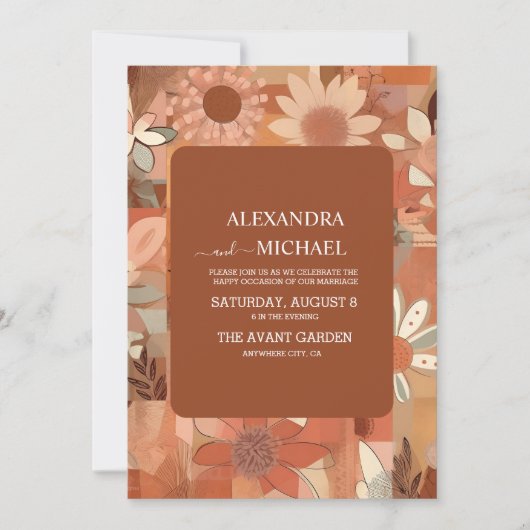 Retro Groovy brandwond sinaasappel bloemenbruiloft Kaart (Voorkant)