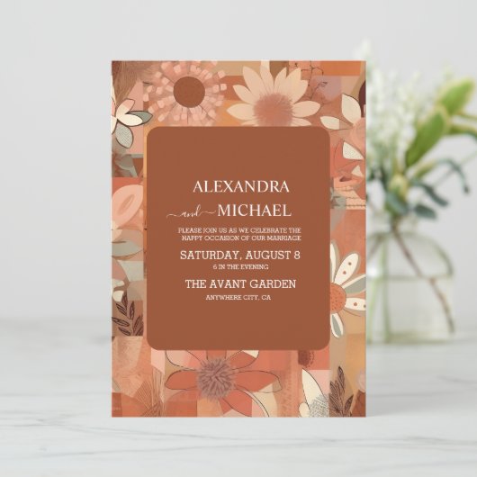 Retro Groovy brandwond sinaasappel bloemenbruiloft Kaart (Staand voorkant)