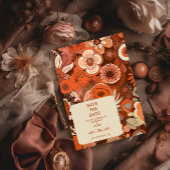 Retro Groovy brandwond sinaasappel bloemenbruiloft Save The Date