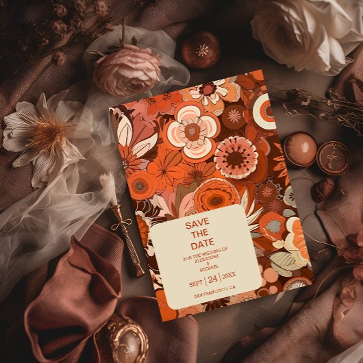 Retro Groovy brandwond sinaasappel bloemenbruiloft Save The Date