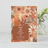 Retro Groovy brandwond sinaasappel bloemenbruiloft Save The Date (Staand voorkant)