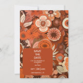 Retro Groovy brandwond sinaasappel bloemenbruiloft Save The Date (Voorkant)