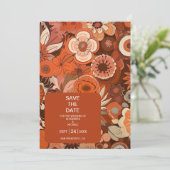 Retro Groovy brandwond sinaasappel bloemenbruiloft Save The Date (Staand voorkant)