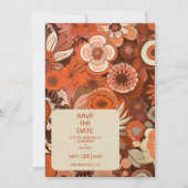 Retro Groovy brandwond sinaasappel bloemenbruiloft Save The Date (Voorkant)