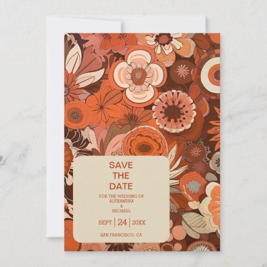 Retro Groovy brandwond sinaasappel bloemenbruiloft Save The Date (Voorkant)