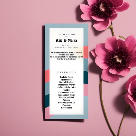 Retro Groovy bruiloft programma - een kleurrijke r Programmakaart