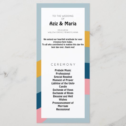 Retro Groovy bruiloft programma - een kleurrijke r Programmakaart (Voorkant)