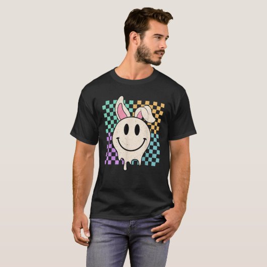 Retro Groovy Bunny Smile Face Happy Easter Day Rab T-shirt (Voorkant volledig)
