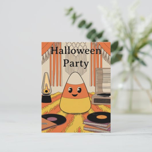 Retro, Groovy Candy Corn Halloween Party Uitnodigi Briefkaart (Staand voorkant)