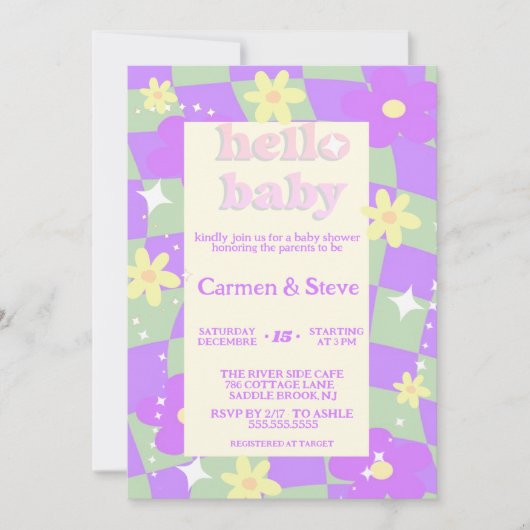 Retro groovy Checkerboard baby shower Uitnodiging (Voorkant)
