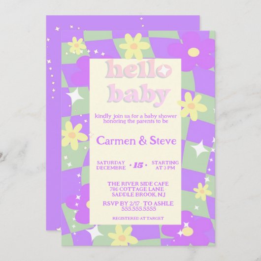 Retro groovy Checkerboard baby shower Uitnodiging (Voorkant / Achterkant)