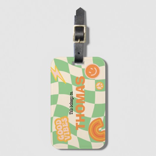 Retro Groovy Checkerboard naam Bagagelabel (Voorkant (verticaal))