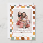 Retro Groovy Checkered Family Photo Fun Christmas Feestdagenkaart (Voorkant)