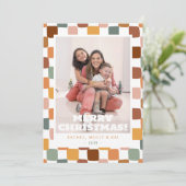 Retro Groovy Checkered Family Photo Fun Christmas Feestdagenkaart (Staand voorkant)
