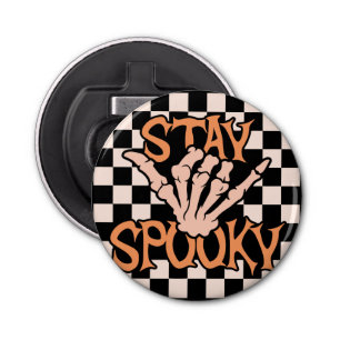 Retro Groovy Checkered Stay Spooky Halloween Button Flesopener