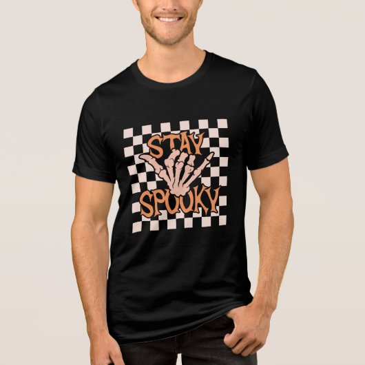Retro Groovy Checkered Stay Spooky Halloween Tri-Blend Shirt (Voorkant)