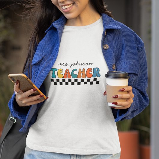 Retro Groovy & Checkered Teacher T-shirt