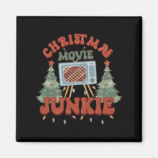 Retro Groovy Christmas Movie Junkie Merry Xmas Tre Magneet (Voorkant)