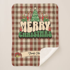 Retro Groovy Christmas Plaid familienaam Sherpa Deken
