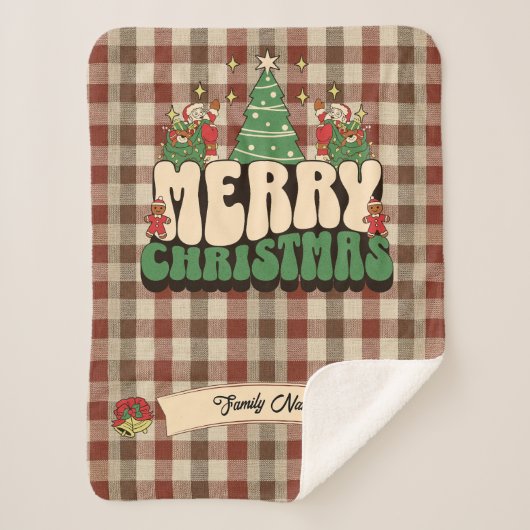 Retro Groovy Christmas Plaid familienaam Sherpa Deken (Voorkant)