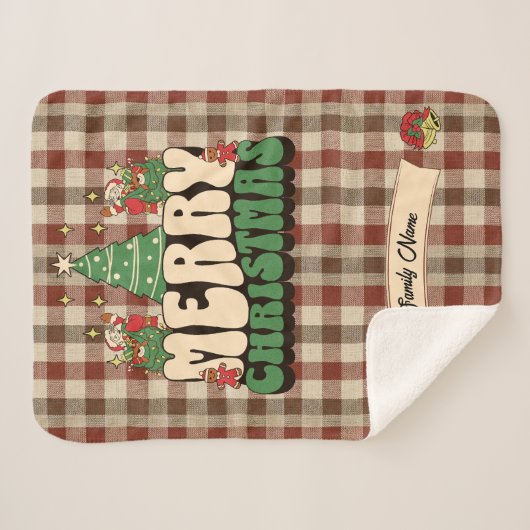 Retro Groovy Christmas Plaid familienaam Sherpa Deken (Voorkant (horizontaal))