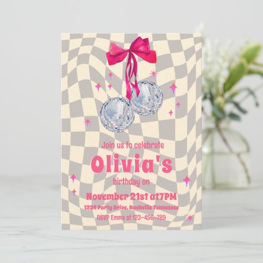 Retro Groovy Coquette Bow Disco Balls Verjaardag Kaart (Staand voorkant)