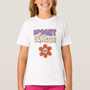 Retro groovy cute bloem Halloween oranje paars T-shirt