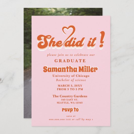 Retro Groovy Cute Photo Ze deed het Afstuderen Kaart (Voorkant / Achterkant)