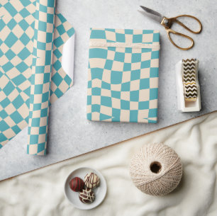 retro groovy cute turquoise blauwe golvende geruit cadeaupapier