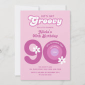 Retro Groovy Daisies Bold Pink 90th Verjaardag Kaart (Voorkant)