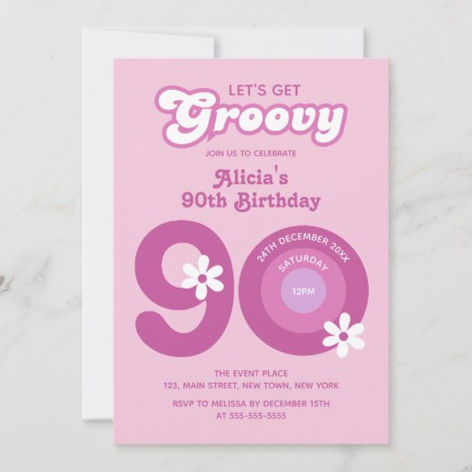 Retro Groovy Daisies Bold Pink 90th Verjaardag Kaart (Voorkant)