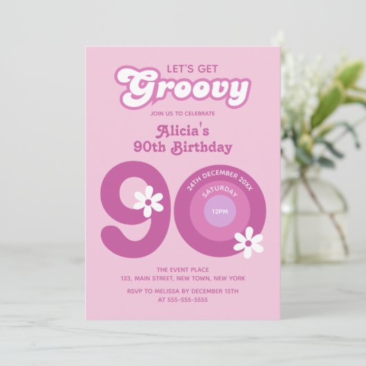 Retro Groovy Daisies Bold Pink 90th Verjaardag Kaart (Staand voorkant)