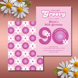 Retro Groovy Daisies Bold Pink 90th Verjaardag Kaart