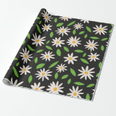 Retro Groovy Daisies Patroon op Black Birthday Cadeaupapier (Uitgerold)