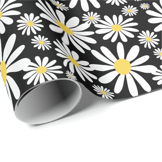 Retro Groovy Daisies Spring Pattern Black Cadeaupapier (Rol Hoek)