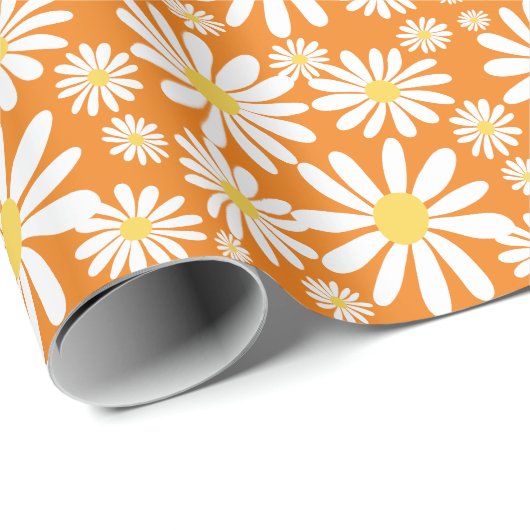 Retro Groovy Daisies Spring Pattern Oranje Cadeaupapier (Rol Hoek)