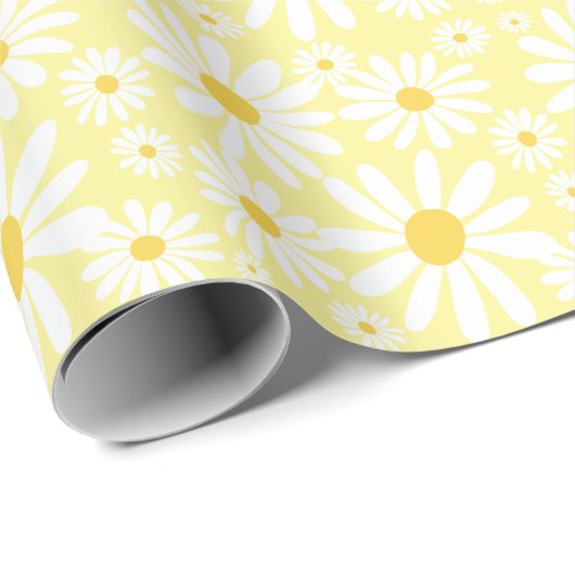 Retro Groovy Daisies Spring Pattern Pastel Yellow Cadeaupapier (Rol Hoek)