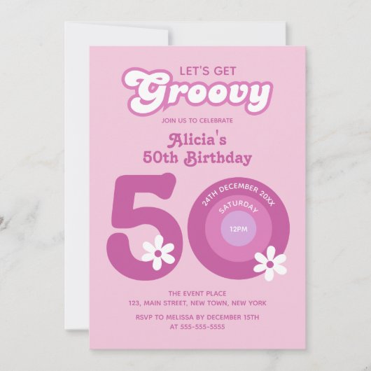 Retro Groovy Daisies Vet Roze 50ste Verjaardag Kaart (Voorkant)