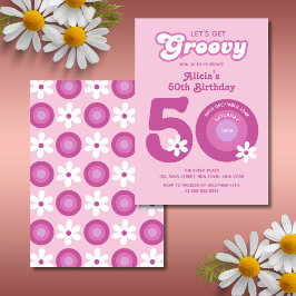Retro Groovy Daisies Vet Roze 50ste Verjaardag Kaart