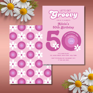 Retro Groovy Daisies Vet Roze 50ste Verjaardag Kaart