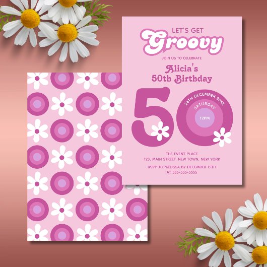 Retro Groovy Daisies Vet Roze 50ste Verjaardag Kaart