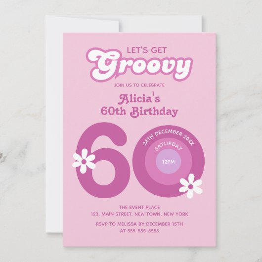 Retro Groovy Daisies Vet Roze 60e Verjaardag Kaart (Voorkant)