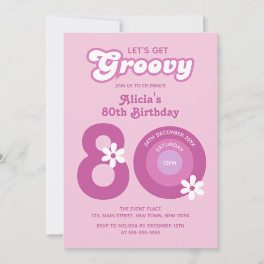 Retro Groovy Daisies Vet Roze 80e Verjaardag Kaart (Voorkant)