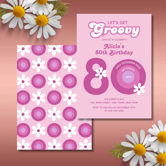 Retro Groovy Daisies Vet Roze 80e Verjaardag Kaart