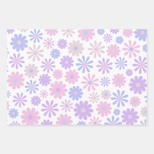 Retro Groovy Daisies Zacht Roze Blauw Paarse Inpakpapier Vel (Voorkant 2)